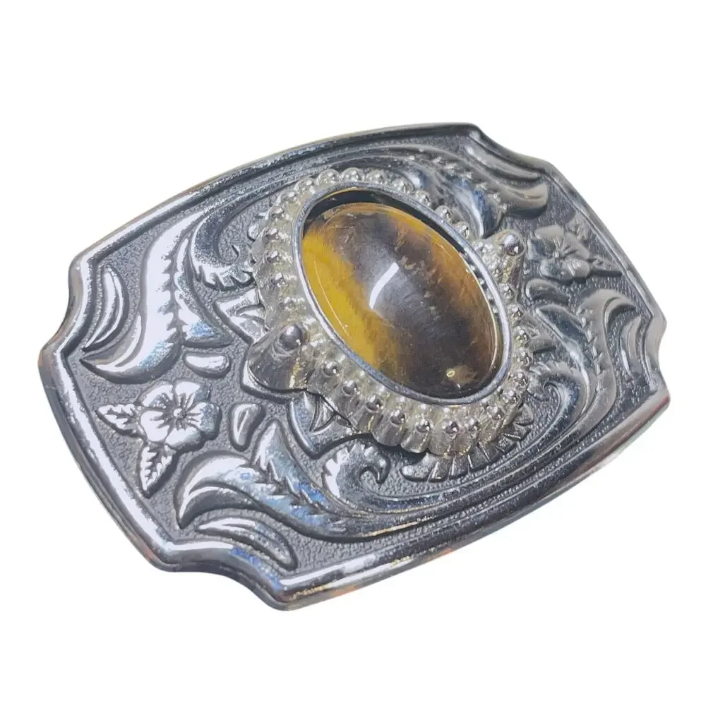 Western Silver Tone Belt Buckle Tiger Eye Stone Women's Kids 1.25